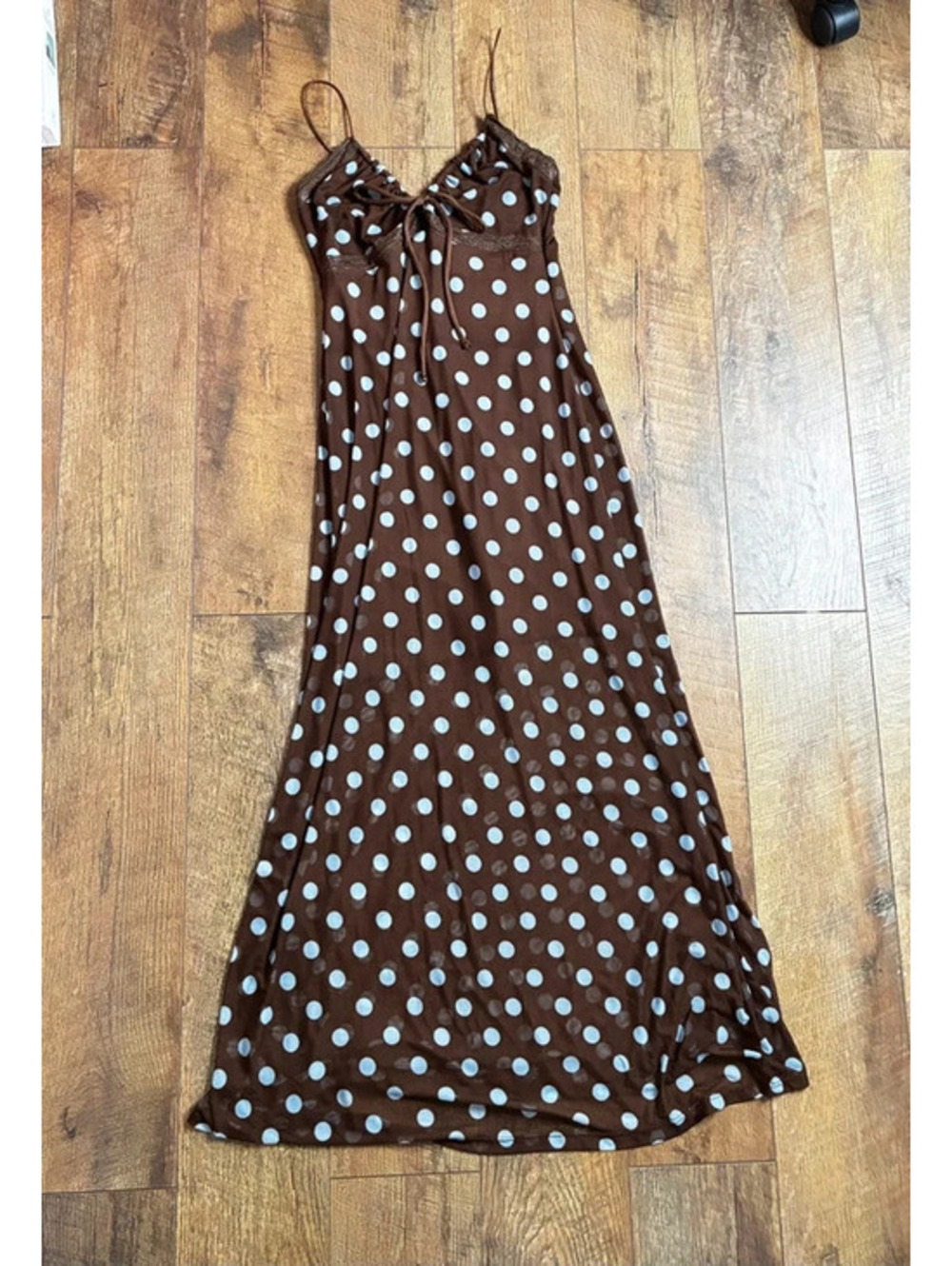 VIBE Sportswear Brown & Blue Polka Dot Y2K Coquette Maxi Slip Dress Sz L